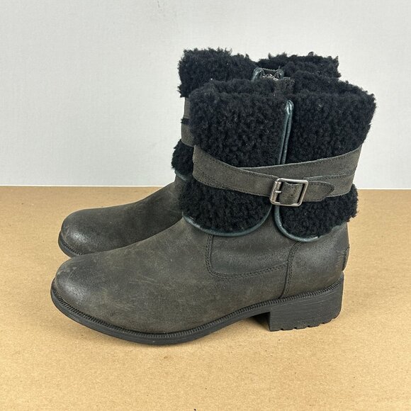 UGG Blayre II Leather Wool Lined Boots Womens 10 Black Side Zip Low Heel - Picture 9 of 9